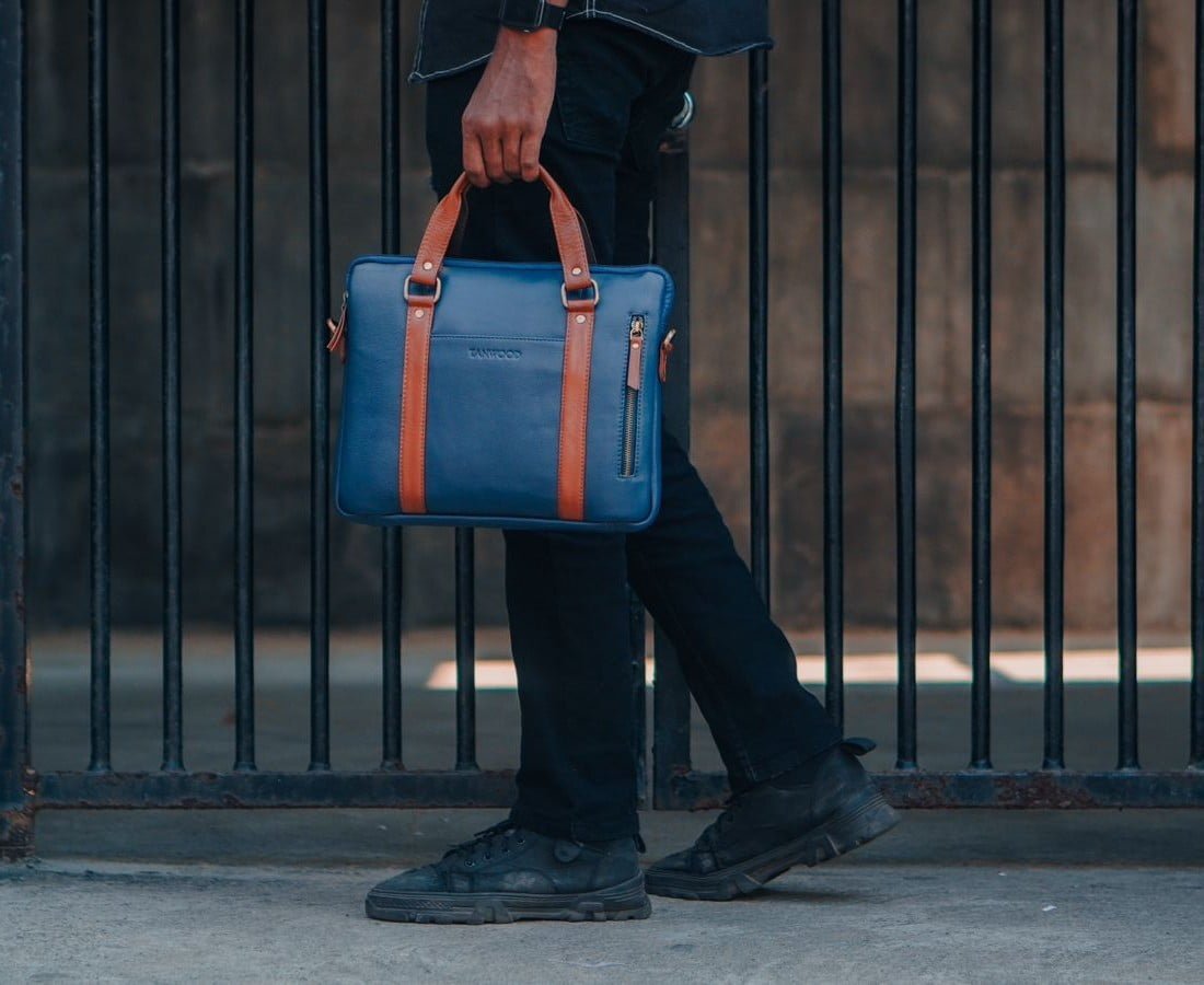 TANWOOD Pure leather Unisex Mini Laptop Bags Blue Leather Laptop Messenger Bag, 14 inch